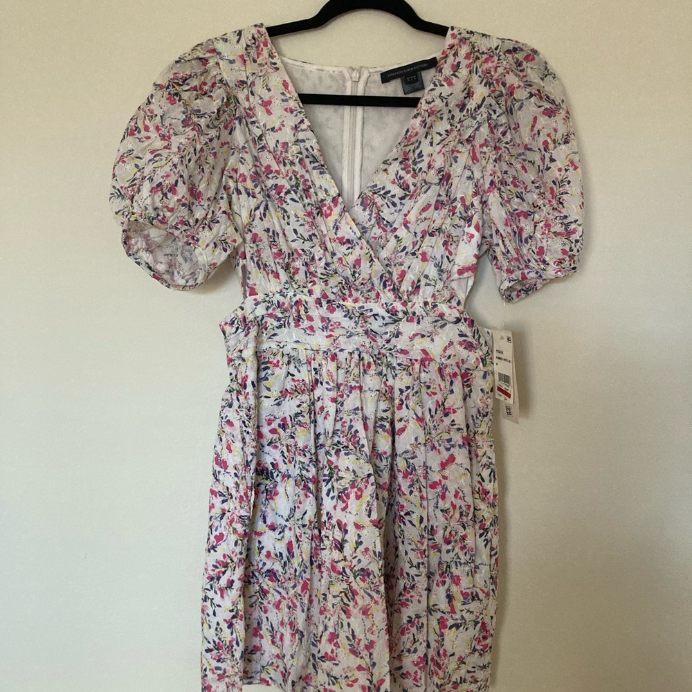 French Connection floral mini dress with cutout design, puff sleeves
